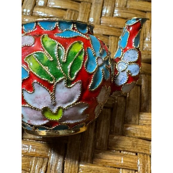 Miniature Cloisonné Enamel Teapot With Stand  Floral Design  Blue Interi… - Picture 9 of 11